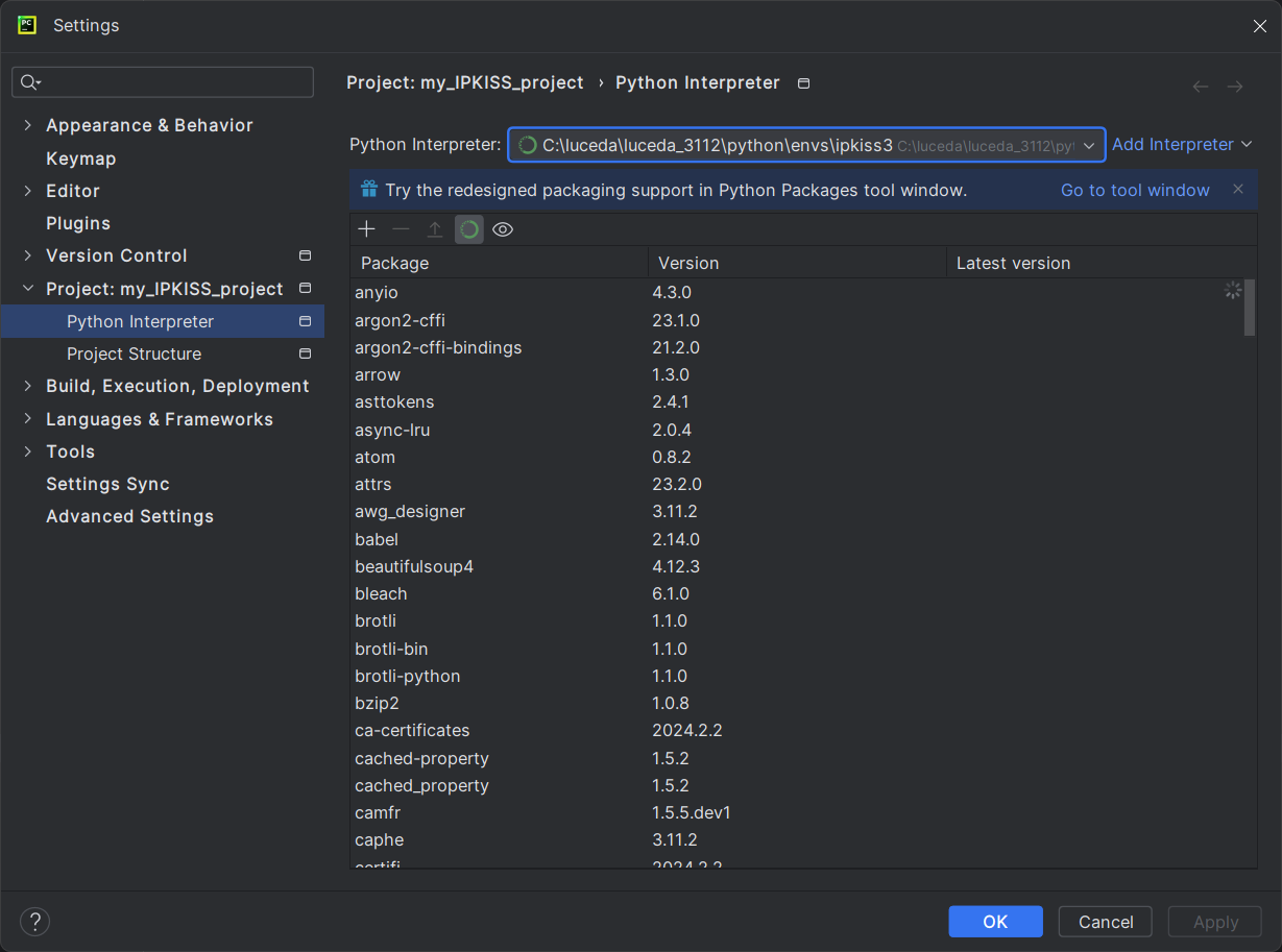New Python interpreter page: select 'Conda Environment' and select the conda executable.
